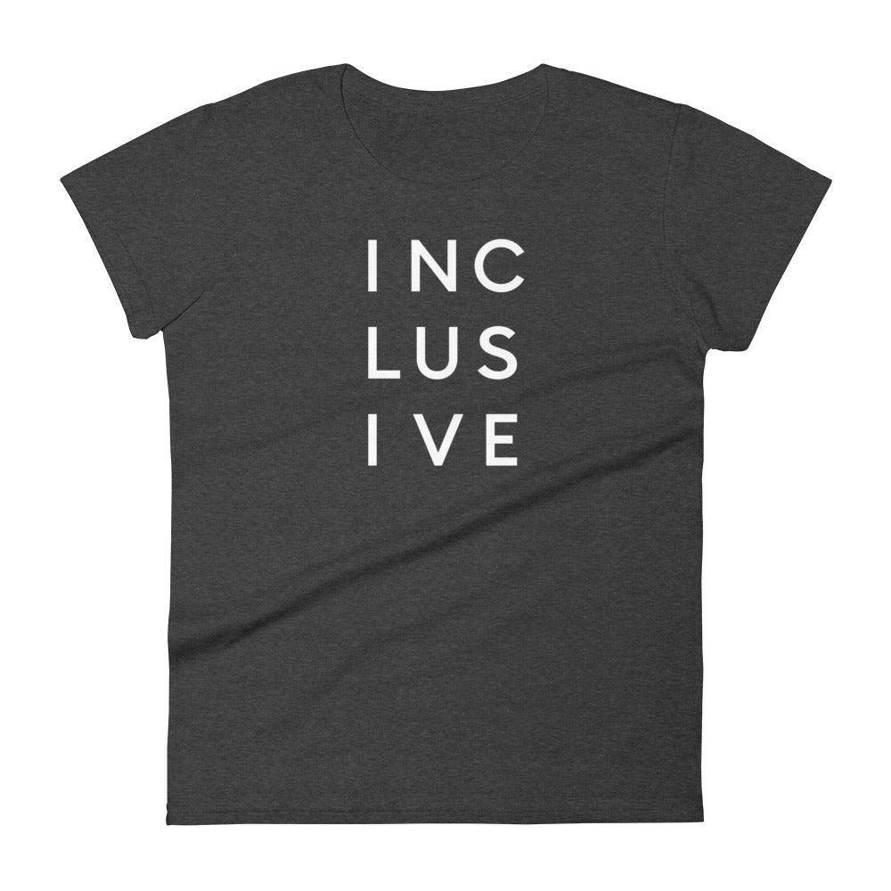 A dark gray INCLUSIVE Women’s Cut T-Shirt – a sleek, tailored-fit cotton tee designed to flatter the natural silhouette.