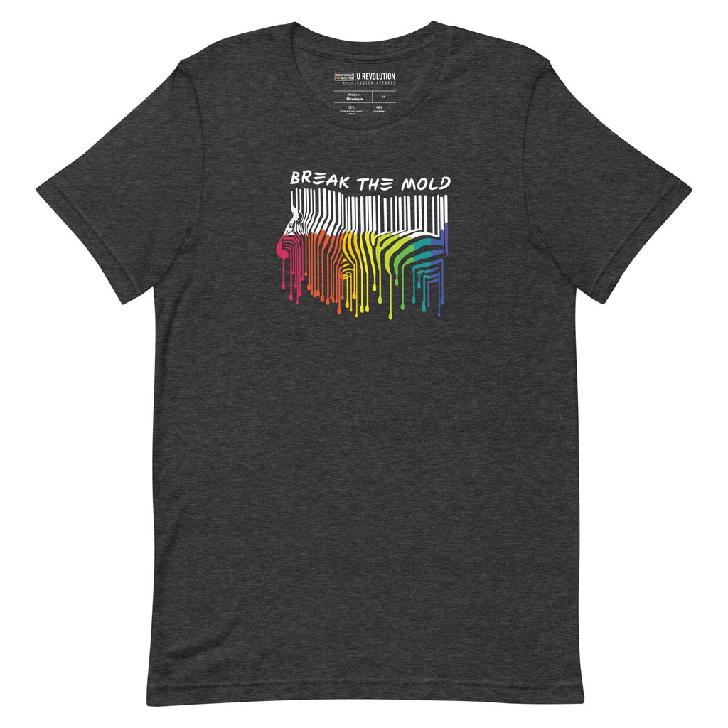 This is a photo of a Break the Mold t-shirt. In the middle of the t-shirt is a graphic of zebra in the silhouette of a barcode. The top half of the zebra are vertical white stripes, which then change just below the back into the colors of the rainbow. The bottom of each stripe has a paint drip mark. Just above the zebra's back is the phrase, in upper case, 'break the mold.' 