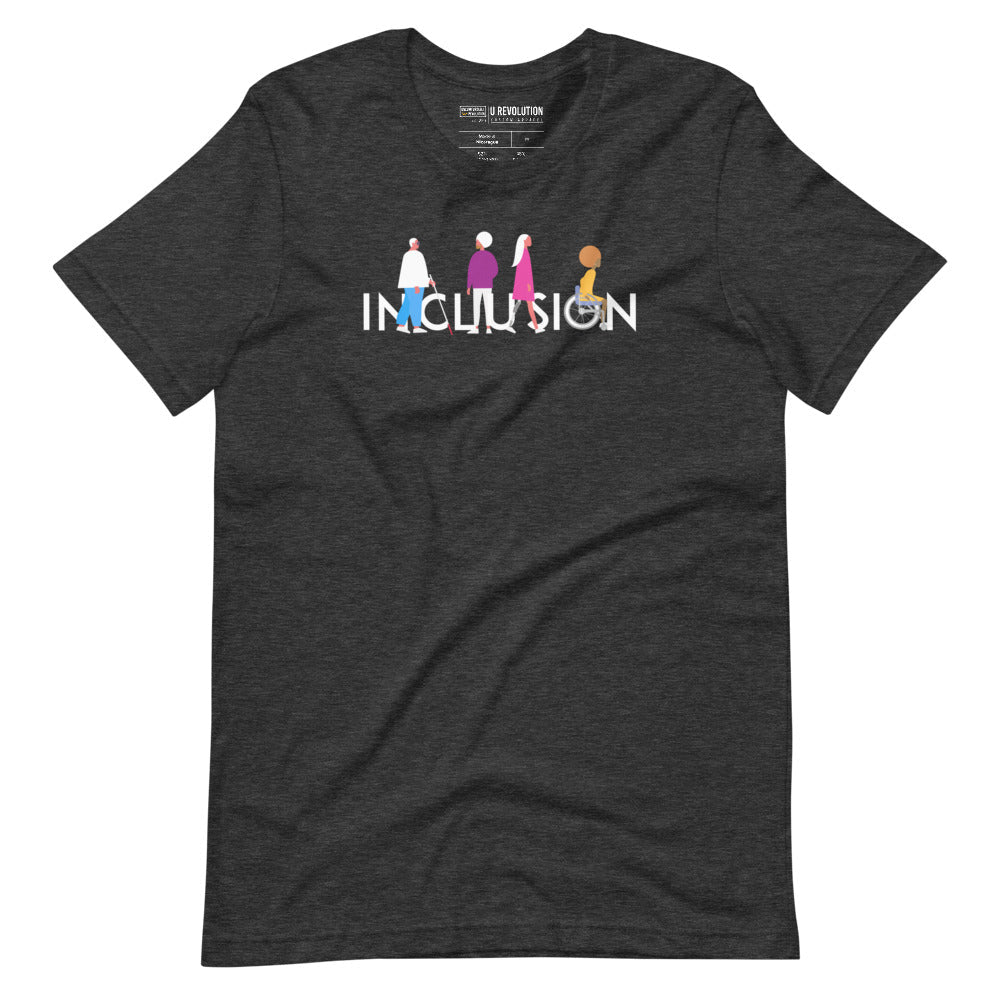 Darky grey heather  inclusion t-shirt featuring an original Inclusion icon: The word INCLUSION is written in white upper case letters. Among the letters are four characters: one larger person with glasses and a cane, one person with one arm wearing a turban, one person with long hair and a prosthetic leg, and one person with an afro, seated in a wheelchair leaning forward.