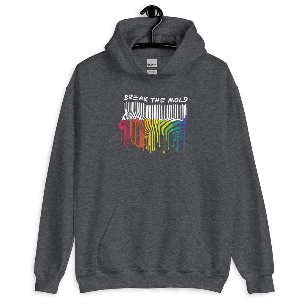 This is a photo of a dark heather Break the Mold hoodie. In the middle top one-third of the hoodie is a zebra graphic in the silhouette of a barcode. The top half of the zebra are vertical white stripes, which then change just below the back into the colors of the rainbow. The bottom of each stripe has a paint drip mark. Just above the zebra's back is the phrase, in upper case, 'break the mold.'  The hoodie is on a black hanger.