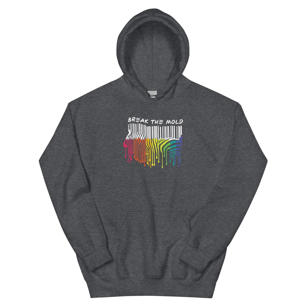 This is a photo of a dark heather Break the Mold hoodie. In the middle top one-third of the hoodie is a zebra graphic in the silhouette of a barcode. The top half of the zebra are vertical white stripes, which then change just below the back into the colors of the rainbow. The bottom of each stripe has a paint drip mark. Just above the zebra's back is the phrase, in upper case, 'break the mold.' 