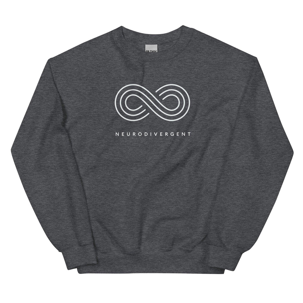 This is a photo of a dark gray neurodivergent sweatshirt. In the top middle third of the sweatshirt is an elegant white infinity symbol consisting of three thin white lines. Just below the symbol is the word Neurodivergent in elegant upper case white letters.