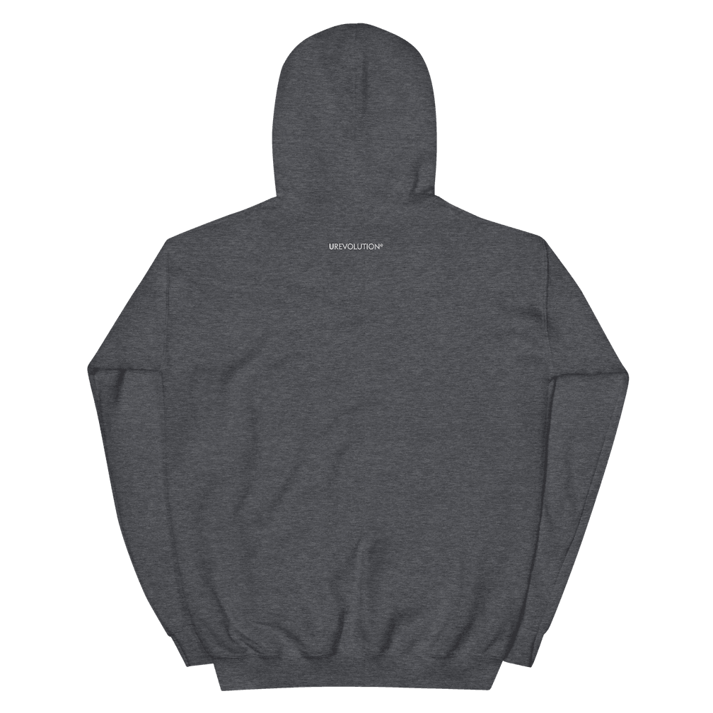 This is a photo of the back of a classic represent hoodie. Printed, just beneath the collar, is the word 'URevolution' in small upper case block letters.