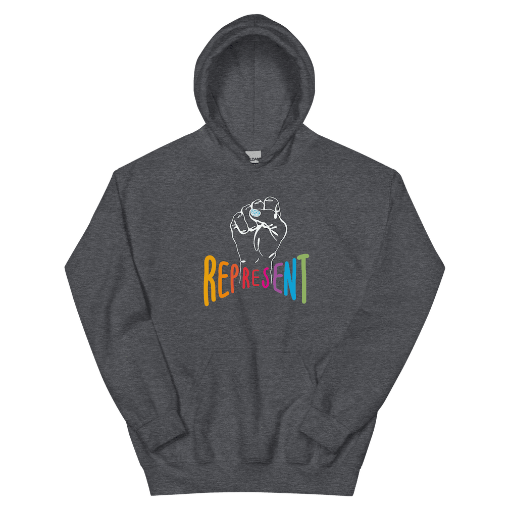 This is a photo of a classic represent hoodie. In the middle of the represent hoodie is a white line drawing of a raised clenched fist, with the handwritten word “represent,” written in upper case rainbow colors.