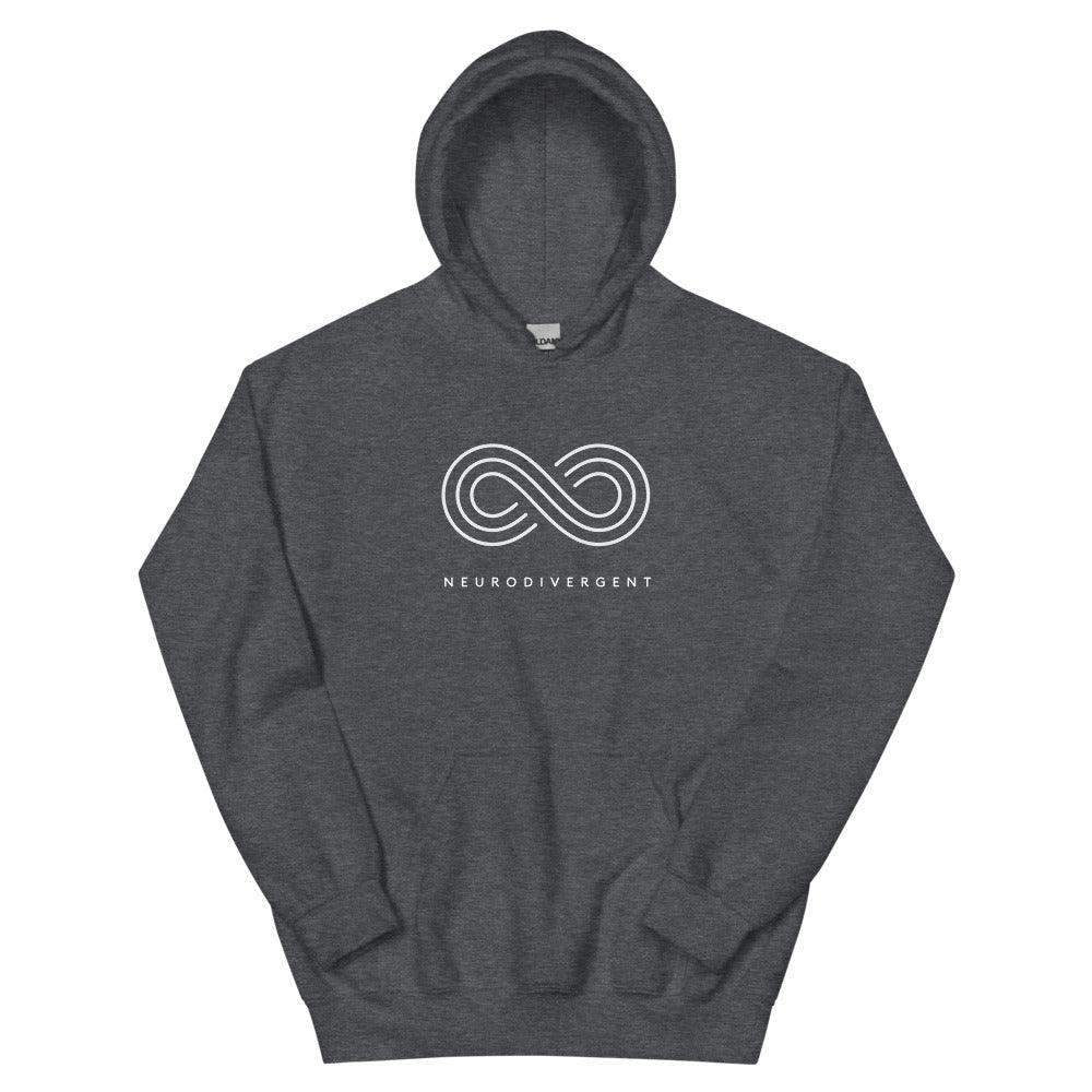 This is a photo of a heavy blend dark heather Neurodivergent Hoodie. In the top third of the Neurodivergent Hoodie, there is an elegant white infinity symbol consisting of three interwoven white lines. Under the symbol is the phrase, 'neurodivergent.'