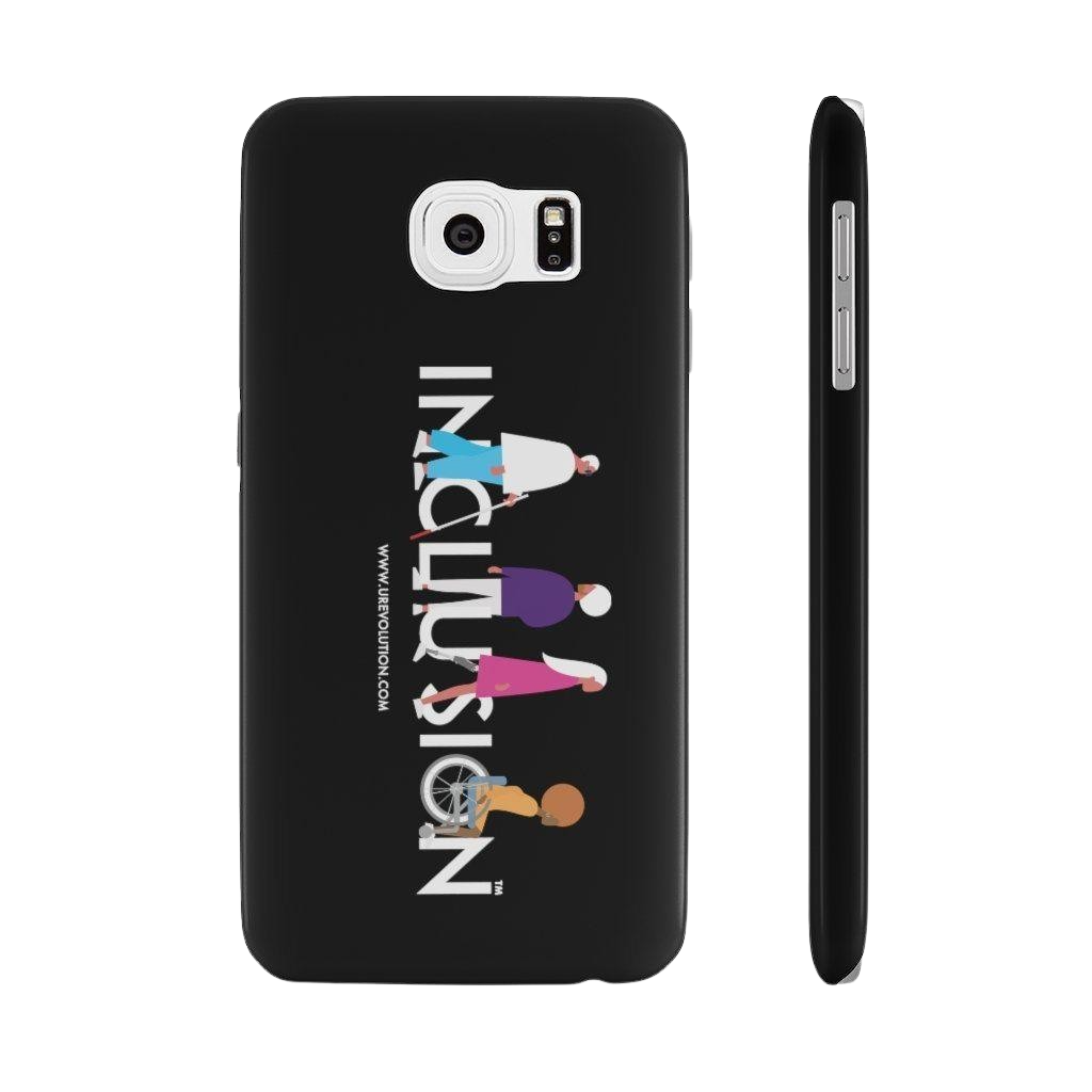 This is a photo of a black disability inclusion phone case. The  phone case has URevolution's Inclusion icon on the front cover. The word INCLUSION is written in all caps in rainbow colors. Among the letters are four characters: one plus-sized person with glasses and a cane, one person with one arm wearing a turban, one person with long hair and a prosthetic leg, and one person with an afro, seated in a wheelchair.