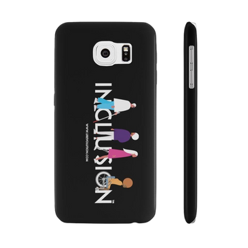 This is a photo of a black disability inclusion phone case. The  phone case has URevolution's Inclusion icon on the front cover. The word INCLUSION is written in all caps in rainbow colors. Among the letters are four characters: one plus-sized person with glasses and a cane, one person with one arm wearing a turban, one person with long hair and a prosthetic leg, and one person with an afro, seated in a wheelchair.
