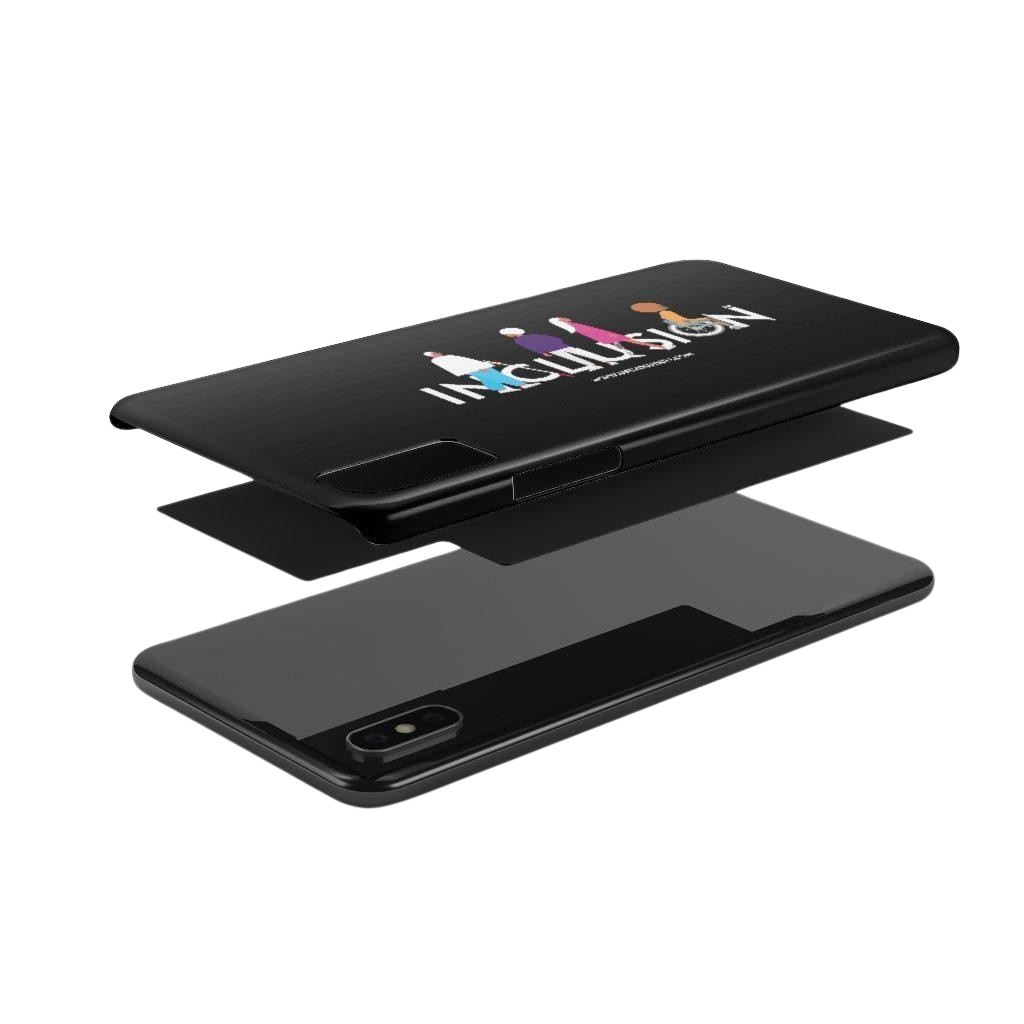 This is a photo of a black disability inclusion phone case. The  phone case has URevolution's Inclusion icon on the front cover. The word INCLUSION is written in all caps in rainbow colors. Among the letters are four characters: one plus-sized person with glasses and a cane, one person with one arm wearing a turban, one person with long hair and a prosthetic leg, and one person with an afro, seated in a wheelchair.