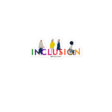 3" x 3" kiss-cut diversity and inclusion sticker. The sticker features URevolution's iconic Inclusion logo. The word Inclusion is printed in large type in the colors of the rainbow. Four diverse disabled people are incorporated into the word INCLUSION. The URL - urevolution - is printed in black, in a small font, under the inclusion logo.