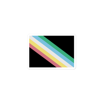 This is an image of a disability pride flag sticker. The kiss-cut sticker has a dark grey-black background with five diagonal stripes in this order: red, yellow, white, blue, and green (when looking from the bottom up).
