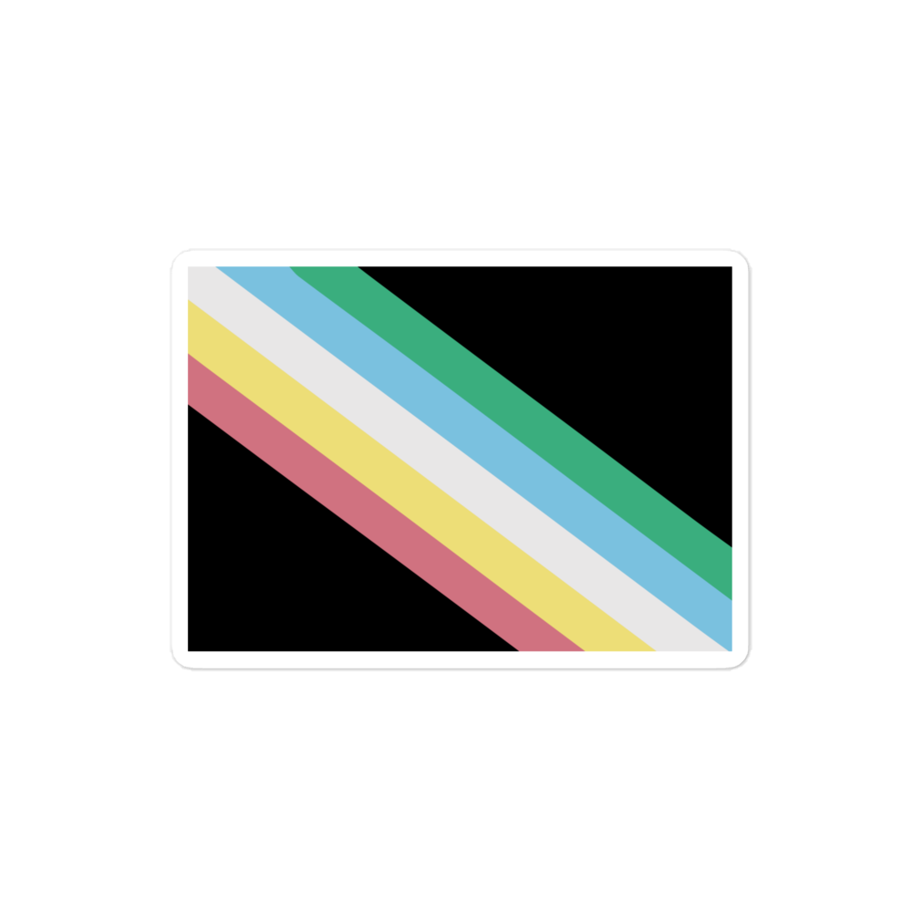 This is an image of a disability pride flag sticker. The kiss-cut sticker has a dark grey-black background with five diagonal stripes in this order: red, yellow, white, blue, and green (when looking from the bottom up).