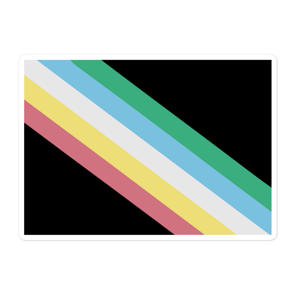This is an image of a disability pride flag sticker. The kiss-cut sticker has a dark grey-black background with five diagonal stripes in this order: red, yellow, white, blue, and green (when looking from the bottom up).