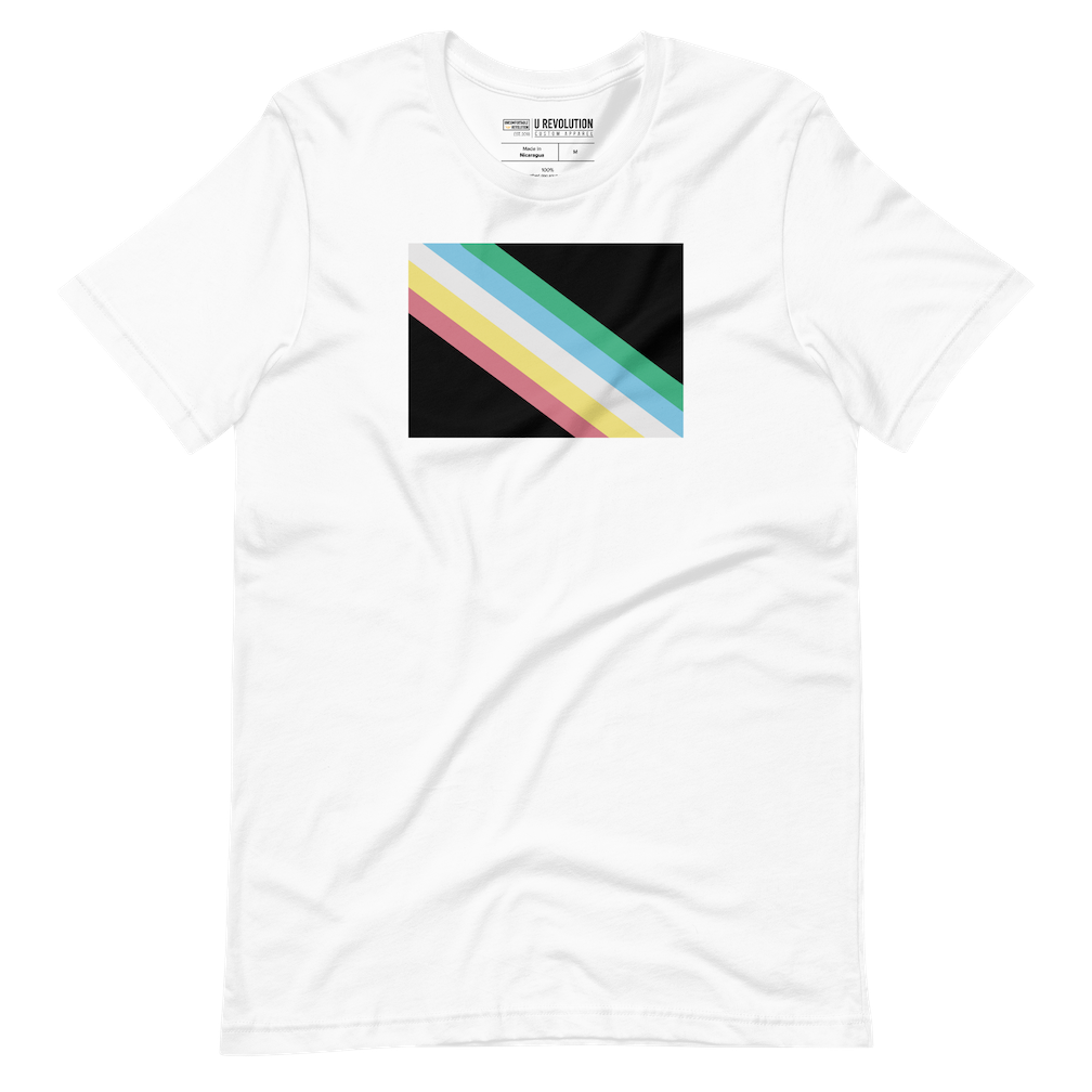 This is an image of a white disability pride shirt. In the middle of the t-shirt is a dark grey-black background with five diagonal stripes in this order: red, yellow, white, blue, and green (when looking from the bottom up).