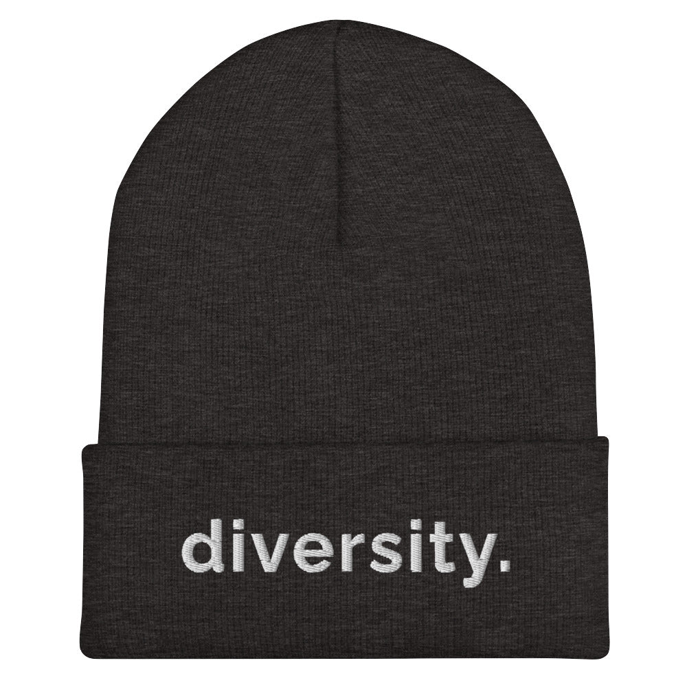 A drak grey diversity beanie has the word 'diversity' embroidered on the front cuff in white bold lower case letters.