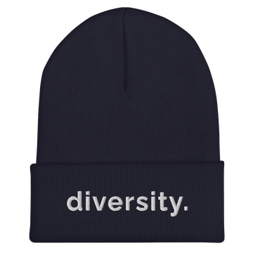 A navy diversity beanie has the word 'diversity' embroidered on the front cuff in white bold lower case letters.