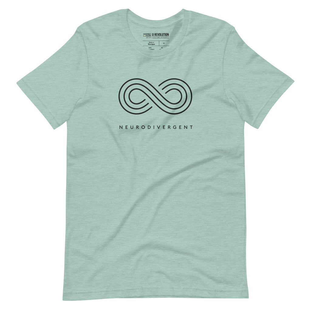 Heather prism dusty blue neurodivergent shirt against a plain background. In the top 1/3 of the neurodivergent shirt is an elegant black infinity symbol consisting of three thin white lines. Just below the infinity symbol is the word "Neurodivergent" in elegant upper-case black letters.