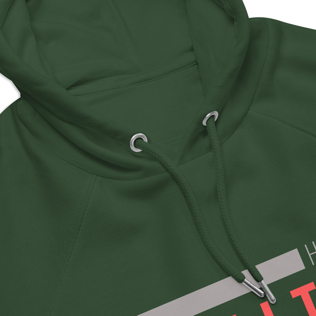A close up of the Eco Equity Hoodie drawstrings with metal eyelets and stoppers.