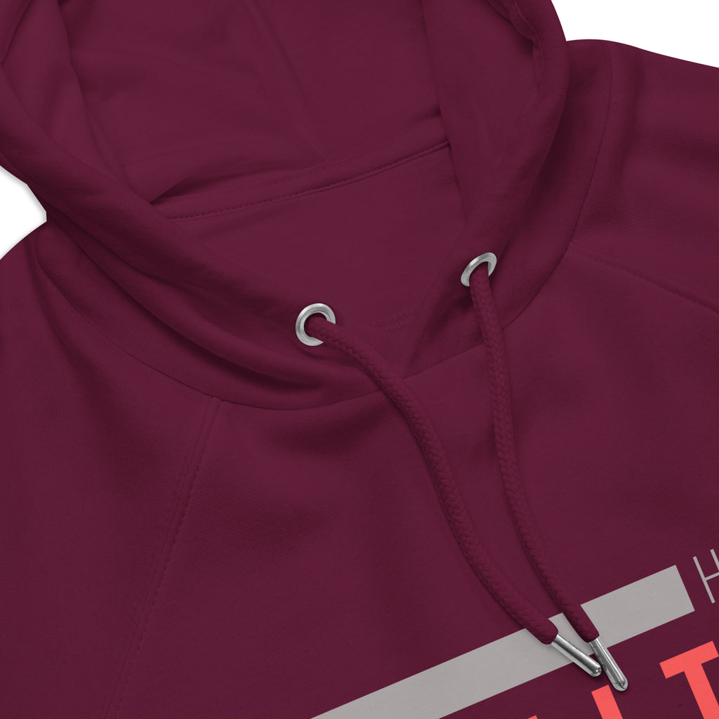 A close up of the Eco Equity Hoodie drawstrings with metal eyelets and stoppers.