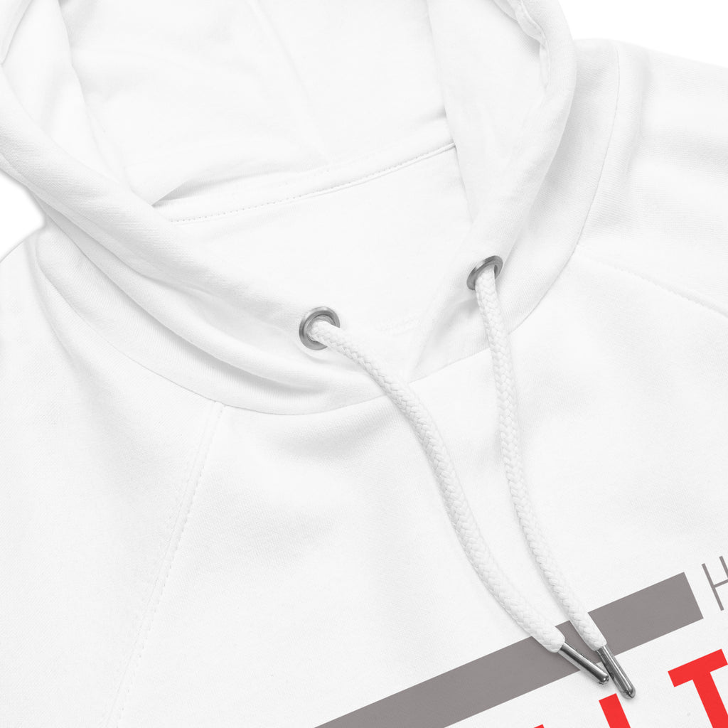 A close-up of the Eco Equity Hoodie drawstrings with metal eyelets and stoppers.