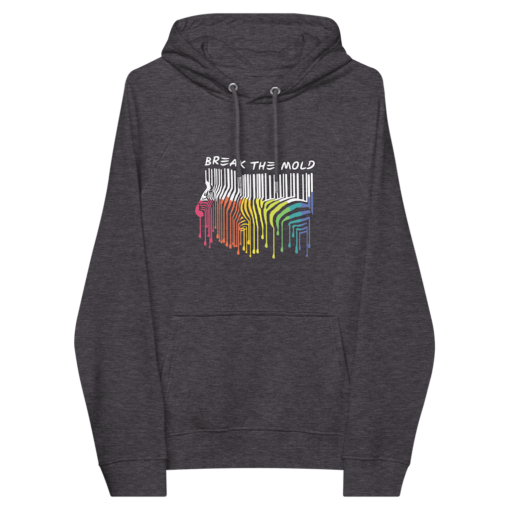 Charcoal eco-friendly hoodie with kangaroo pockets against a plain background. In the middle of the hoodie is a graphic of zebra in the silhouette of a barcode. The top half of the zebra are vertical white stripes, which change just below the back into the colors of the rainbow. The bottom of each stripe has a paint drip mark. Above the zebra's back is the phrase, in upper case, 'break the mold.'