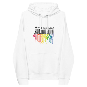 White eco-friendly hoodie with kangaroo pockets against a plain background. In the middle of the hoodie is a graphic of zebra in the silhouette of a barcode. The top half of the zebra are vertical white stripes, which change just below the back into the colors of the rainbow. The bottom of each stripe has a paint drip mark. Above the zebra's back is the phrase, in upper case, 'break the mold.'