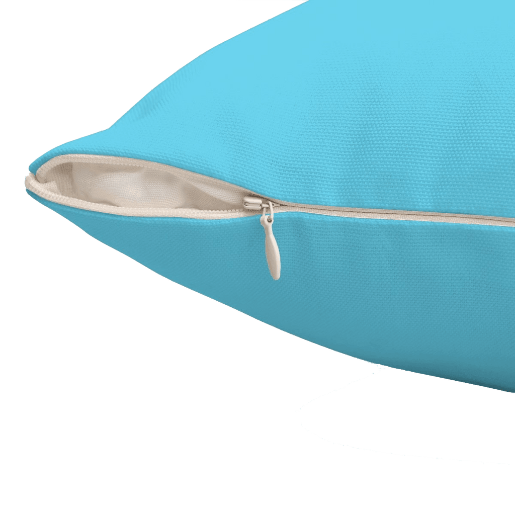 Close-up view of the white zipper of an Electric Blue Square Throw Cushion. 