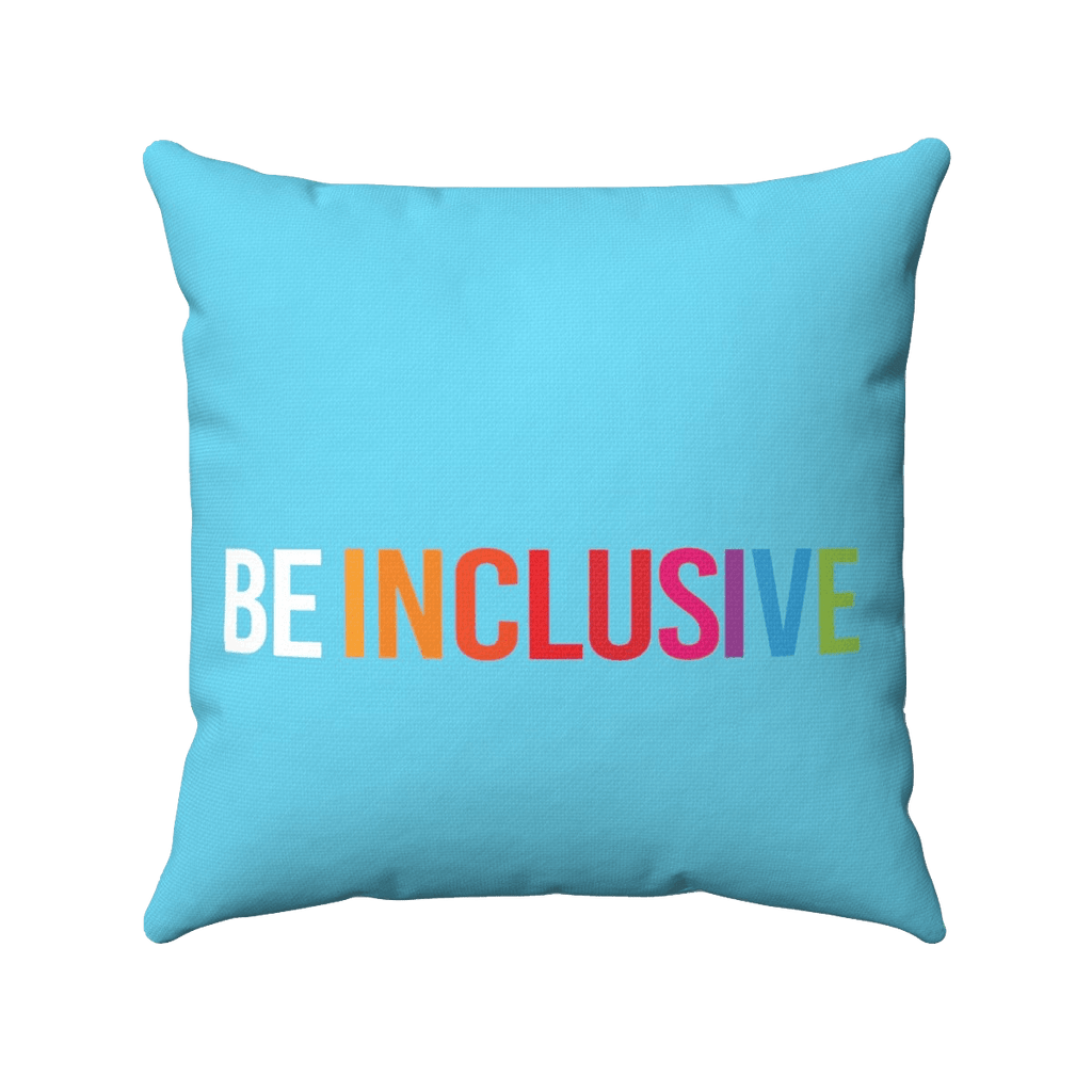 Front view of an Electric Blue Square Throw Cushion. The bright electric blue cushion with text printed in big caps that says "BE INCLUSIVE." BE is in white, and INCLUSIVE is in rainbow colors.