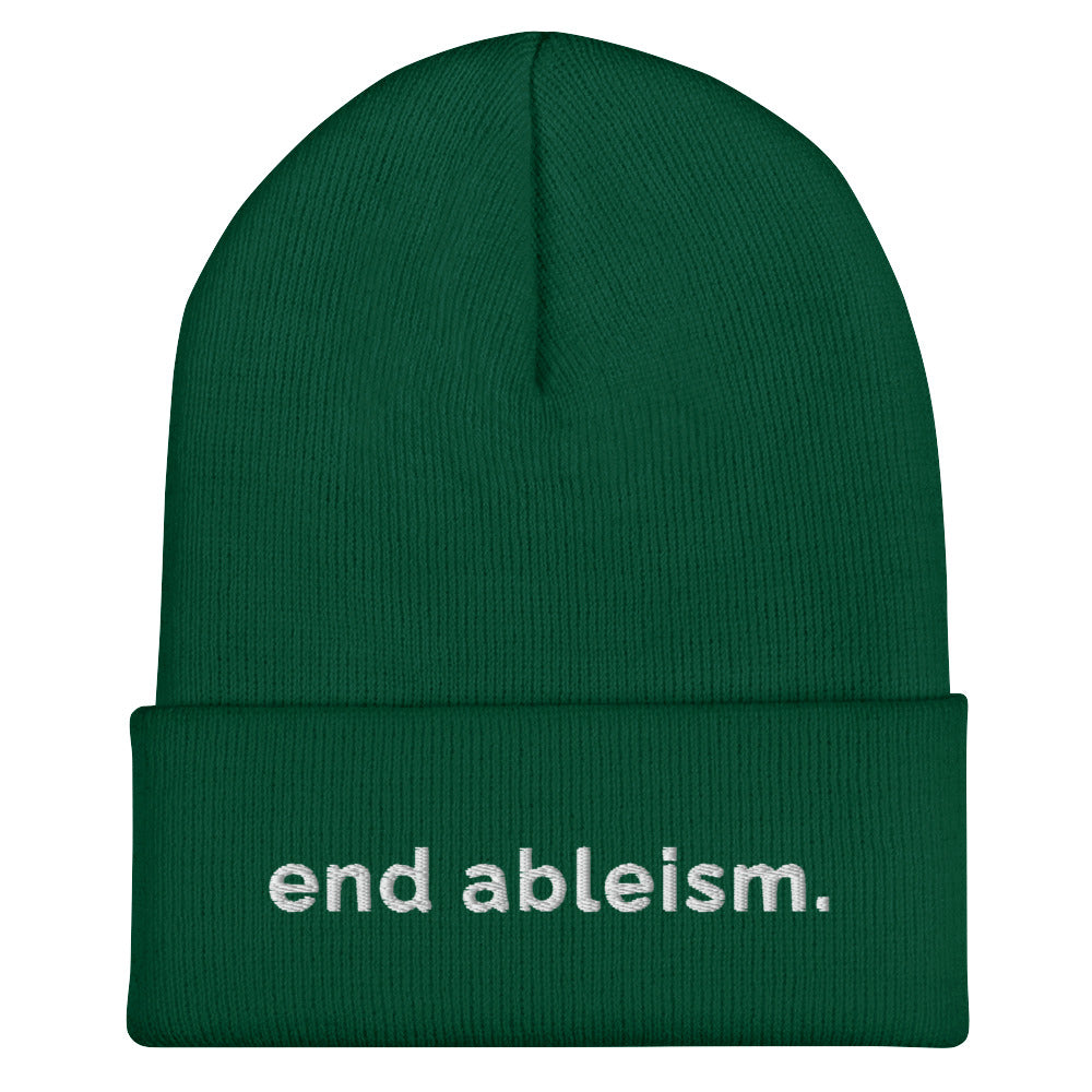 A spruce End Ableism Beanie has the words 'end ableism.' embroidered in white lowercase letters on the front of the beanie.