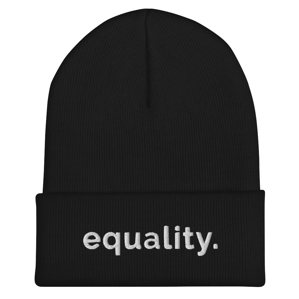 A black hypoallergenic Equality beanie against a plain white background. On the front of the beanie, the word 'Equality,' is embroidered in white sentence case letters on one line.