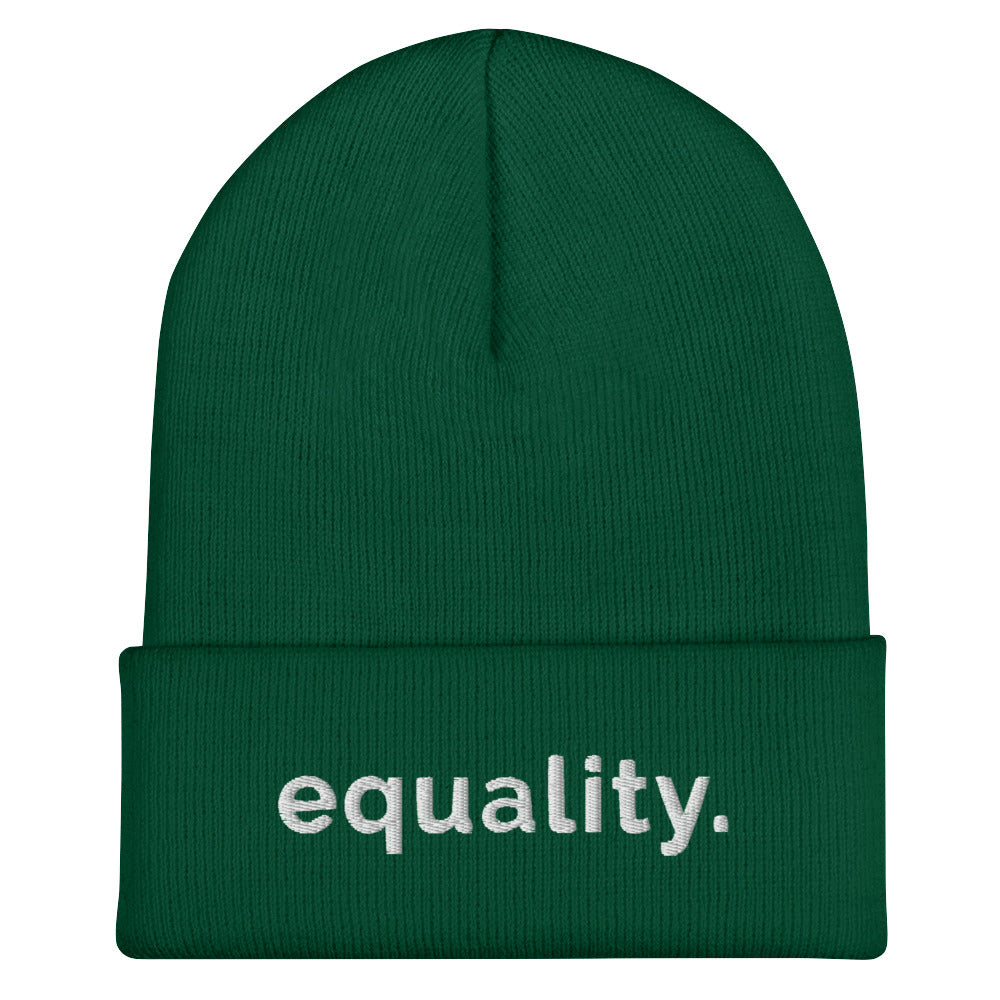 A spruce hypoallergenic Equality beanie against a plain white background. On the front of the beanie, the word 'Equality,' is embroidered in white sentence case letters on one line.