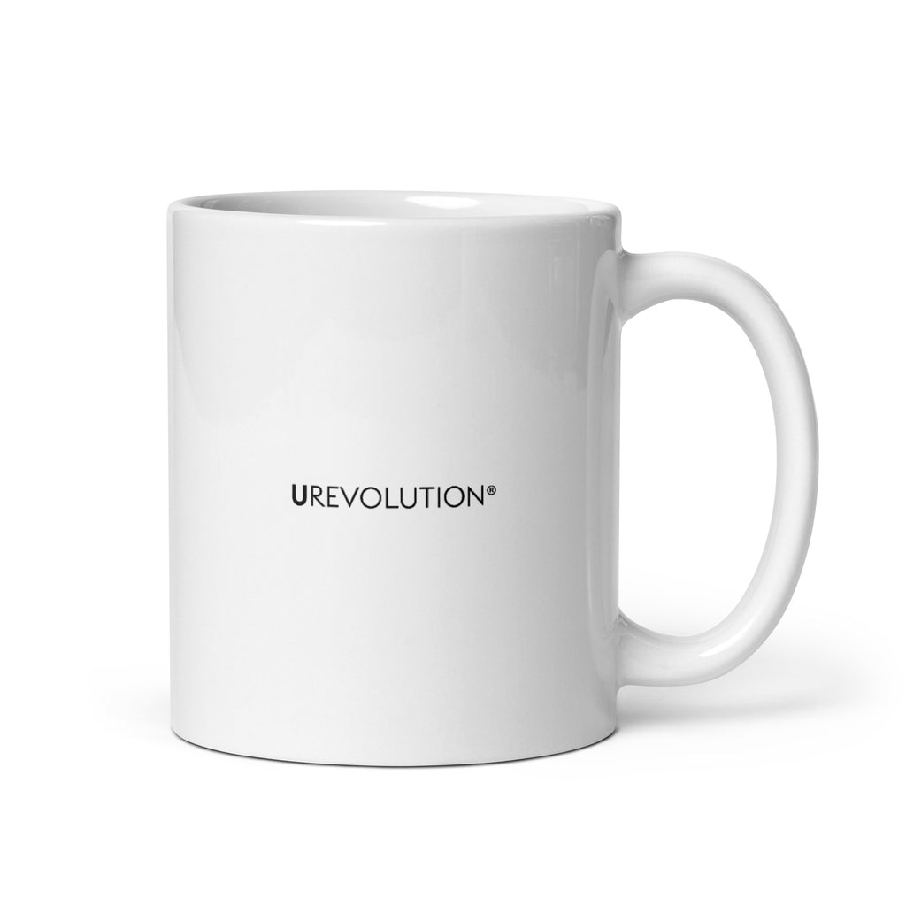 The back view of a white 11 oz ceramic mug. In the middle of the mug is the word UREVOLUTION in small black upper case letters.