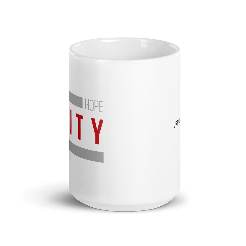 A side view of a white ceramic Equity mug.