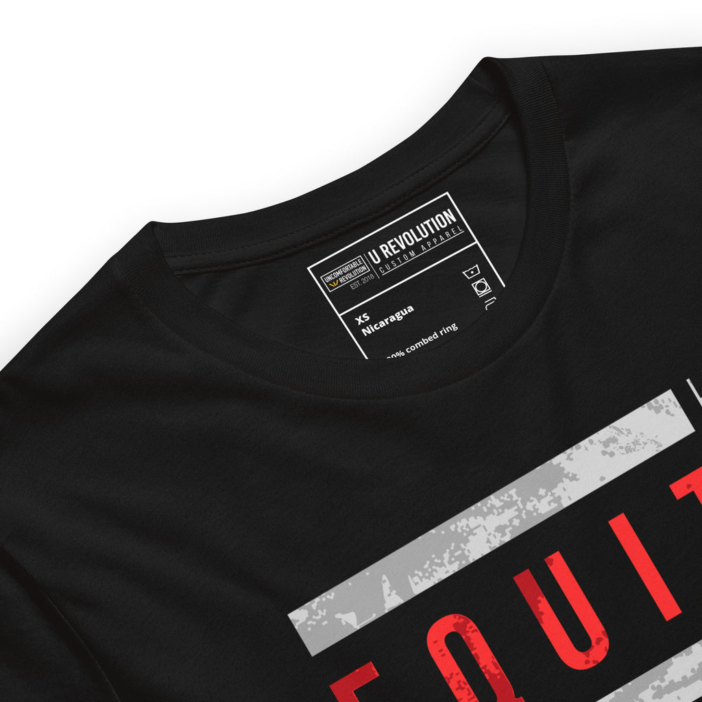 A close up of the collar label of a black Equity t-shirt. In the middle top one-third of the equity t-shirt is the word 'Equity' in upper case red letters. Above and below the word are two thick rectangle blocks with a distressed pattern. The word HOPE is printed on the top right-hand side, and the word LOVE is on the bottom left side of the block.