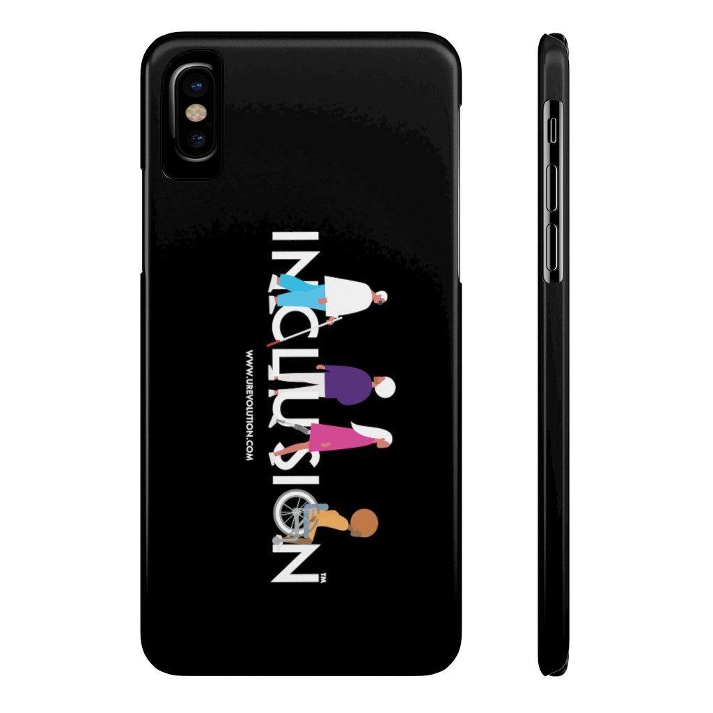 This is a photo of a black disability inclusion phone case. The  phone case has URevolution's Inclusion icon on the front cover. The word INCLUSION is written in all caps in rainbow colors. Among the letters are four characters: one plus-sized person with glasses and a cane, one person with one arm wearing a turban, one person with long hair and a prosthetic leg, and one person with an afro, seated in a wheelchair.