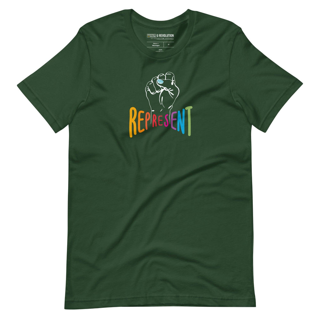 Forest represent t-shirt. In the middle of the represent shirt is a black line drawing of a raised clenched fist, with the handwritten word "represent," written in upper case rainbow colors.