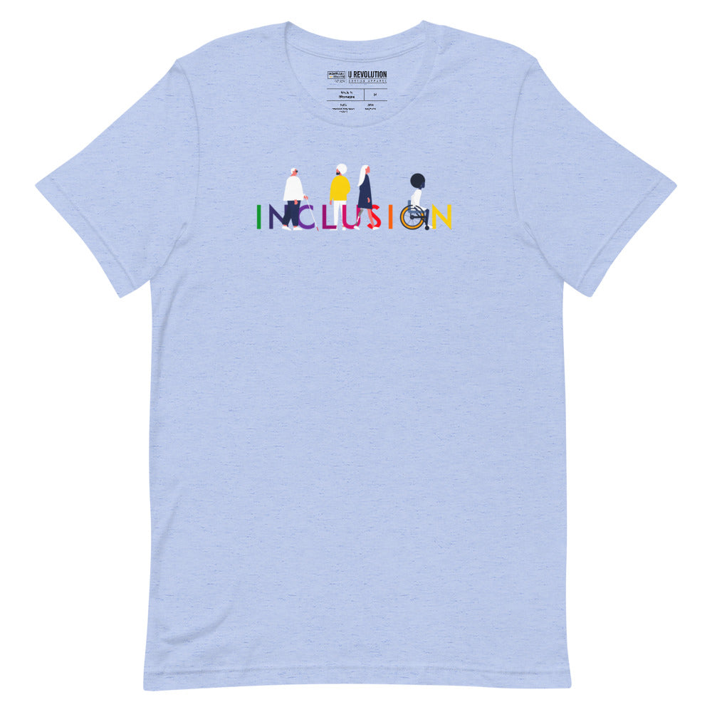 Heather blue  inclusion t-shirt featuring an original Inclusion icon: The word INCLUSION is written in white upper case letters. Among the letters are four characters: one larger person with glasses and a cane, one person with one arm wearing a turban, one person with long hair and a prosthetic leg, and one person with an afro, seated in a wheelchair leaning forward.