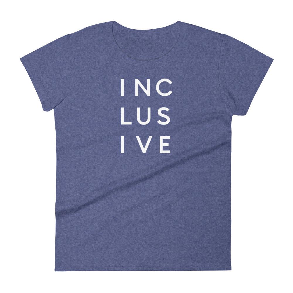 A heather blue INCLUSIVE Women’s Cut T-Shirt – a sleek, tailored-fit cotton tee designed to flatter the natural silhouette.