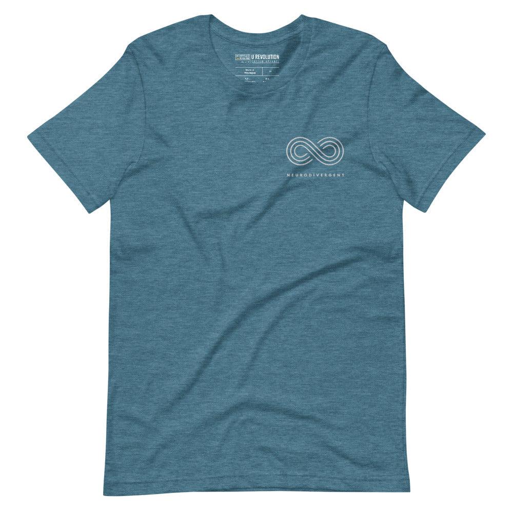 This is a photo of a deep-teal heather embroidered Neurodivergent Tee. In the top left third of the Neurodivergent Hoodie, there is an elegant white infinity symbol consisting of three interwoven white lines. Under the symbol is the word, 'neurodivergent.'