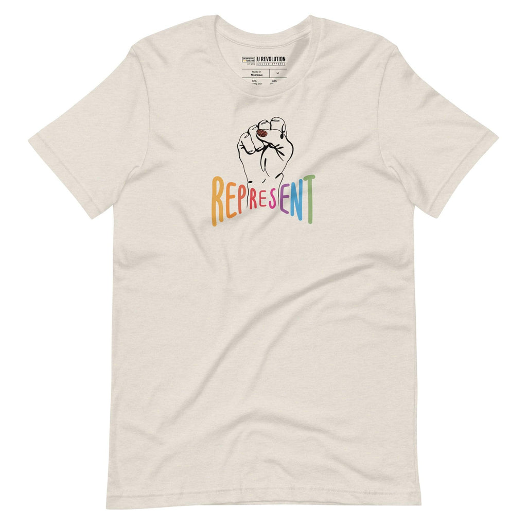 Heather dust represent t-shirt. In the middle of the represent shirt is a black line drawing of a raised clenched fist, with the handwritten word "represent," written in upper case rainbow colors.