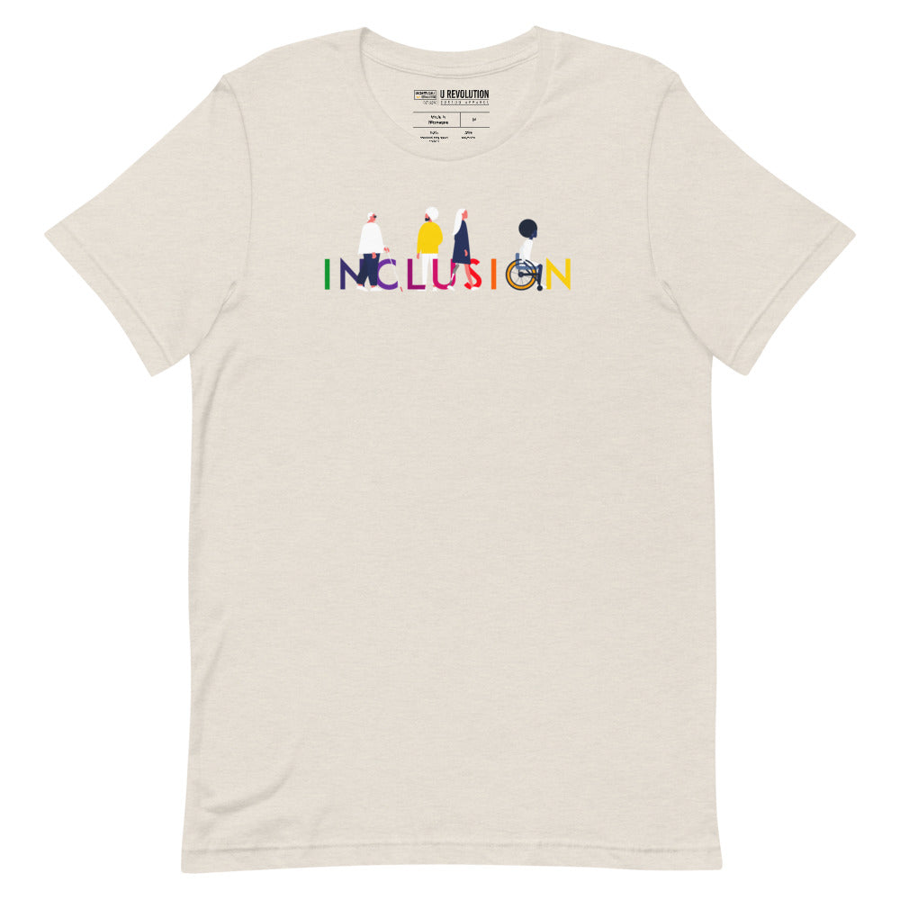 Heather dust  inclusion t-shirt featuring an original Inclusion icon: The word INCLUSION is written in white upper case letters. Among the letters are four characters: one larger person with glasses and a cane, one person with one arm wearing a turban, one person with long hair and a prosthetic leg, and one person with an afro, seated in a wheelchair leaning forward.