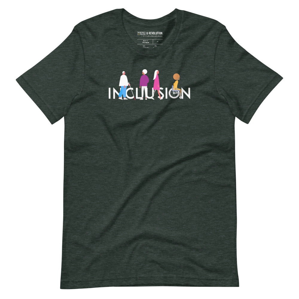 Heather forest  inclusion t-shirt featuring an original Inclusion icon: The word INCLUSION is written in white upper case letters. Among the letters are four characters: one larger person with glasses and a cane, one person with one arm wearing a turban, one person with long hair and a prosthetic leg, and one person with an afro, seated in a wheelchair leaning forward.