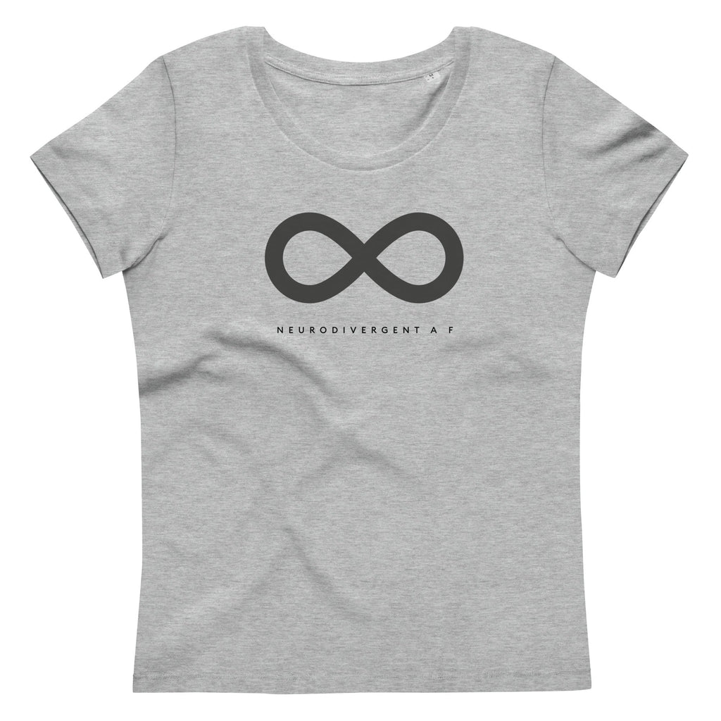 This is a photo of a heather-gray premium organic Neurodivergent AF Shirt. In the top third of the Neurodivergent AF tee, there is a black infinity symbol. Under the symbol is the phrase, 'Neurodivergent AF,' in black upper case letters.