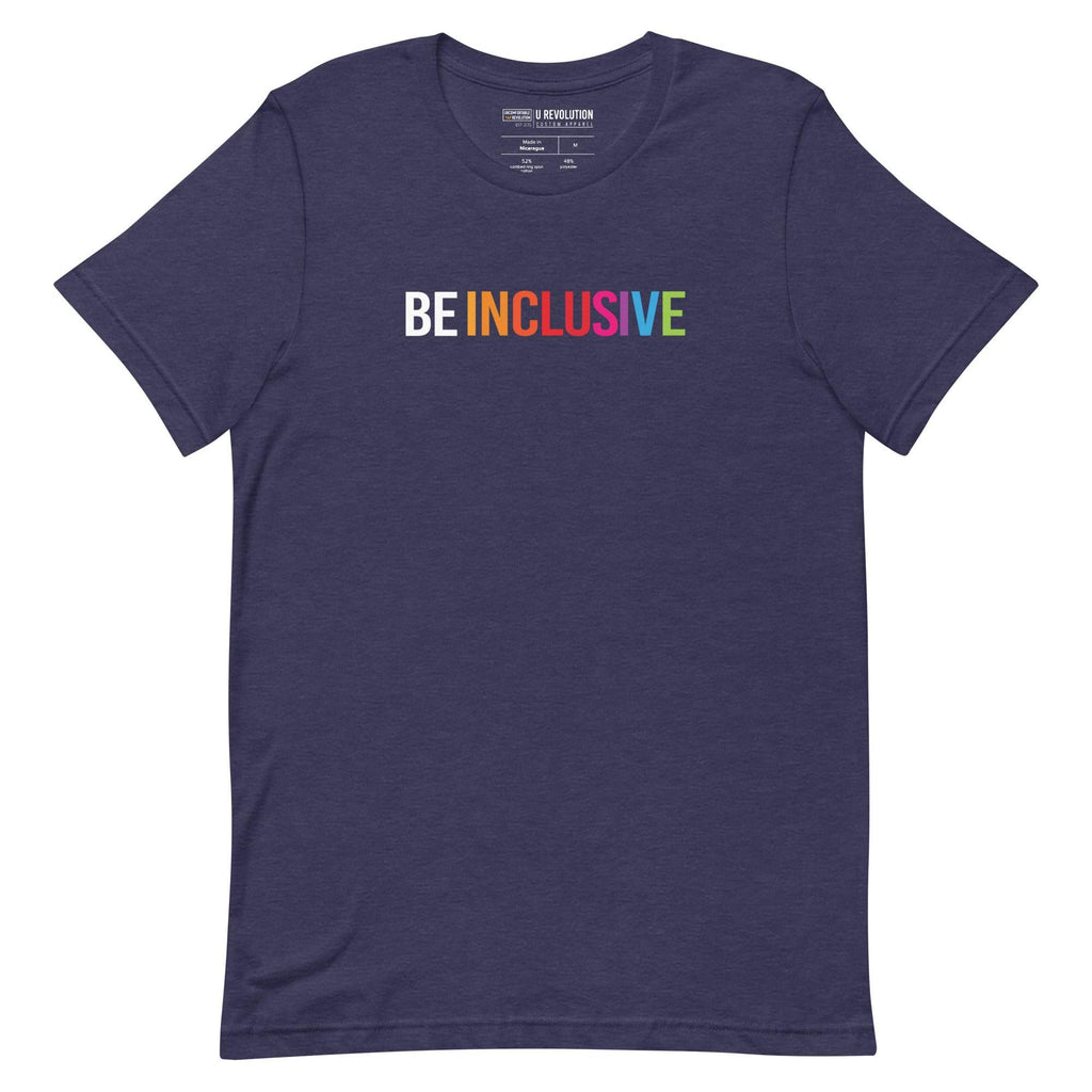 Midnight navy Be Inclusive t-shirt with text printed in big caps says "BE INCLUSIVE". BE is in white, and INCLUSIVE is in rainbow colors. Both words are in one line across the top of the shirt.