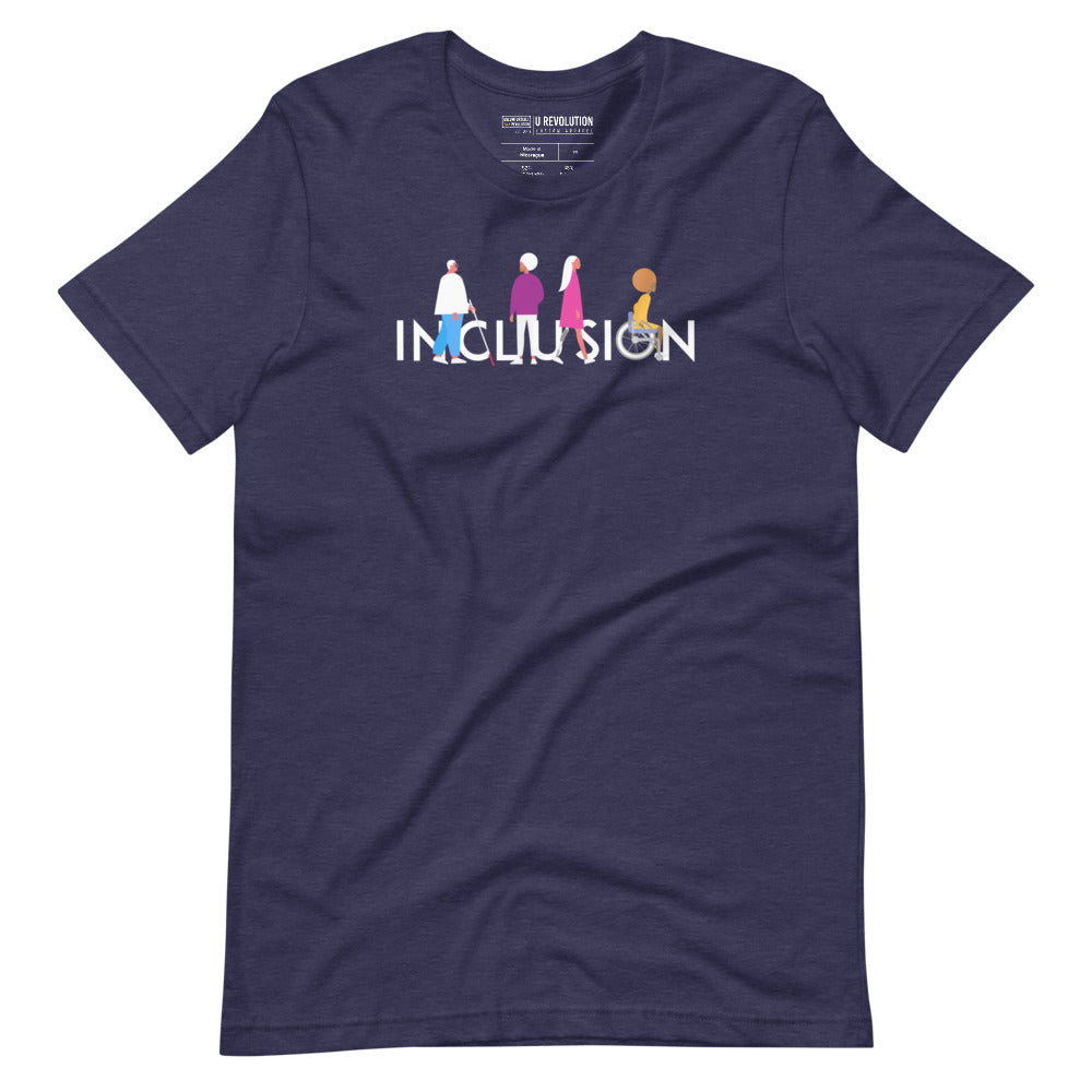 Navy  inclusion t-shirt featuring an original Inclusion icon: The word INCLUSION is written in white upper case letters. Among the letters are four characters: one larger person with glasses and a cane, one person with one arm wearing a turban, one person with long hair and a prosthetic leg, and one person with an afro, seated in a wheelchair leaning forward.