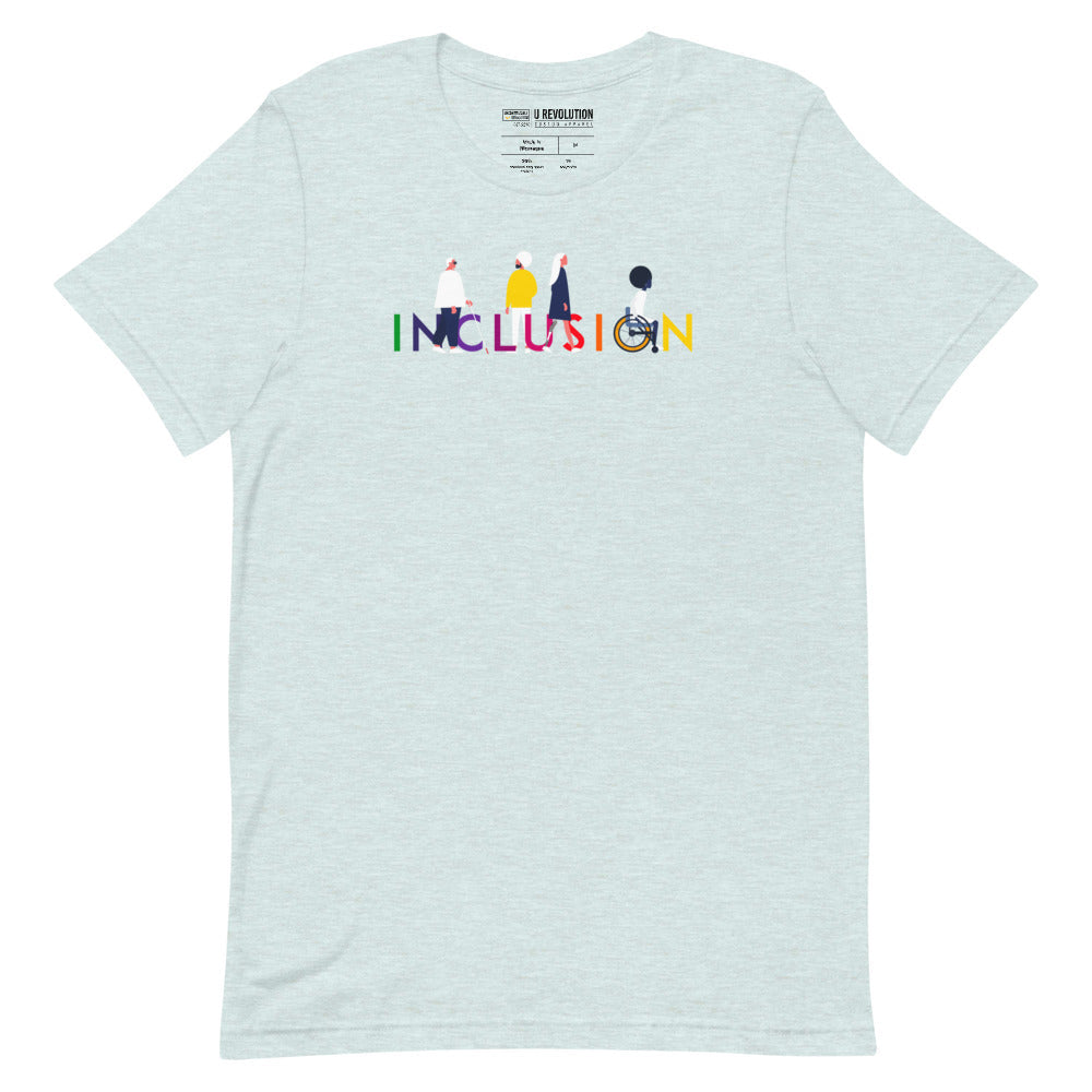 Ice blue  inclusion t-shirt featuring an original Inclusion icon: The word INCLUSION is written in white upper case letters. Among the letters are four characters: one larger person with glasses and a cane, one person with one arm wearing a turban, one person with long hair and a prosthetic leg, and one person with an afro, seated in a wheelchair leaning forward.