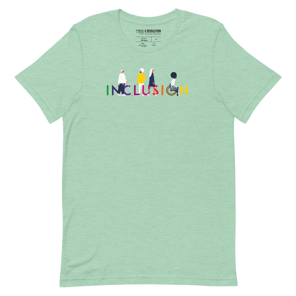 Mint  inclusion t-shirt featuring an original Inclusion icon: The word INCLUSION is written in white upper case letters. Among the letters are four characters: one larger person with glasses and a cane, one person with one arm wearing a turban, one person with long hair and a prosthetic leg, and one person with an afro, seated in a wheelchair leaning forward.