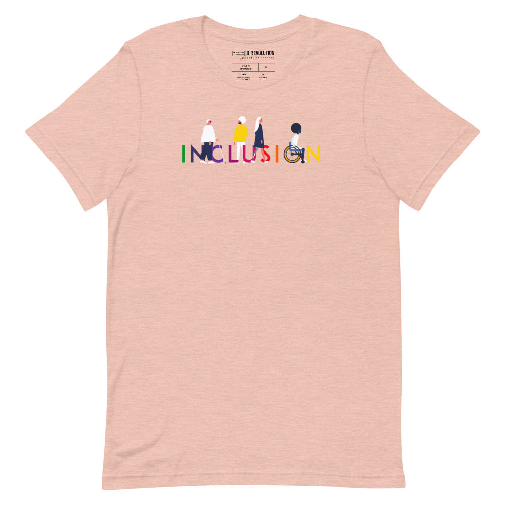 Peach  inclusion t-shirt featuring an original Inclusion icon: The word INCLUSION is written in white upper case letters. Among the letters are four characters: one larger person with glasses and a cane, one person with one arm wearing a turban, one person with long hair and a prosthetic leg, and one person with an afro, seated in a wheelchair leaning forward.