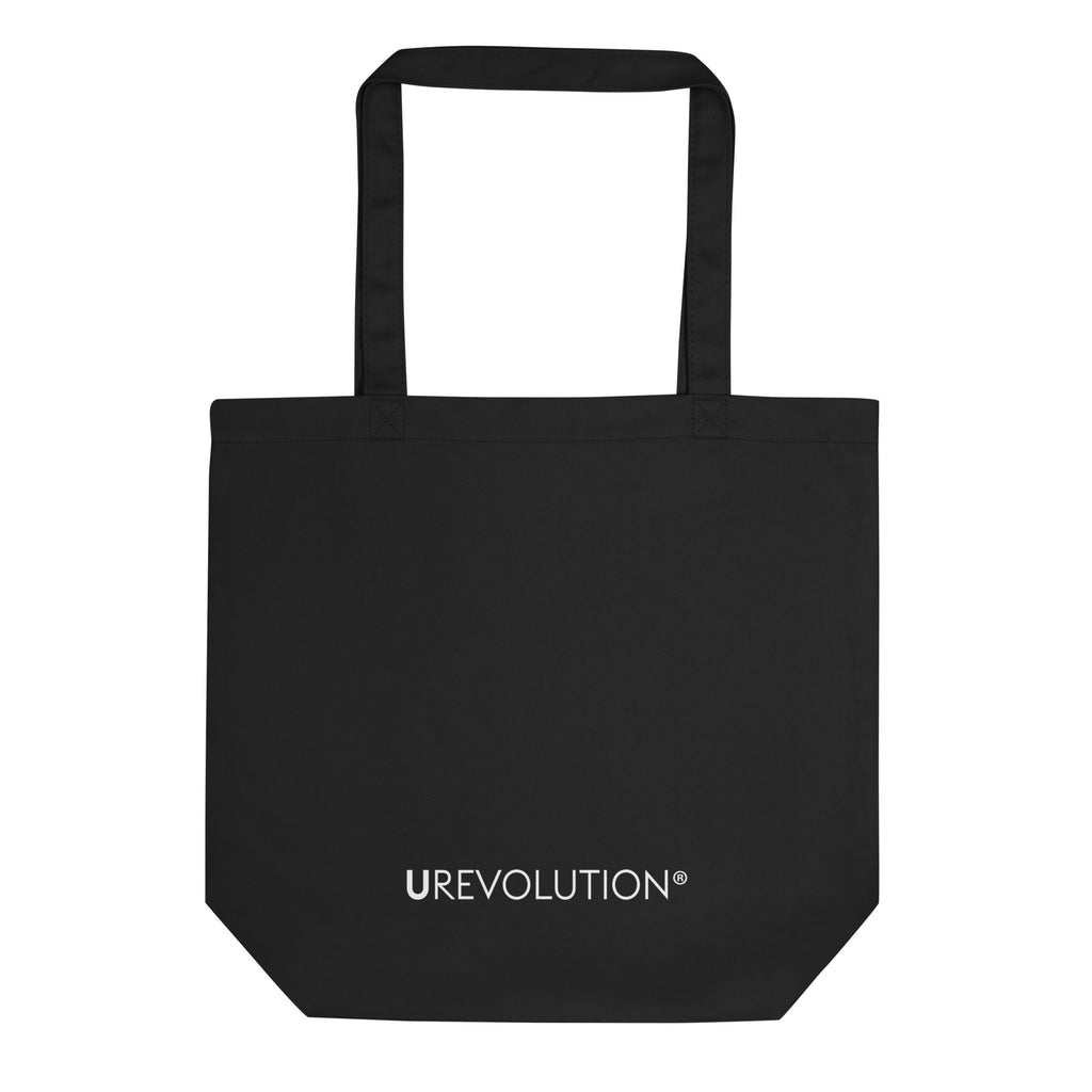 On the back of the equity organic tote bag is the word 'URevolution' printed in white upper case letters.