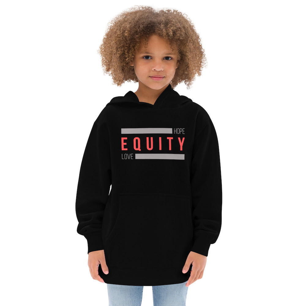 Model wearing a black kids' hoodie with bold red “EQUITY” and “Hope Love” printed across the chest in a unisex inclusive design.