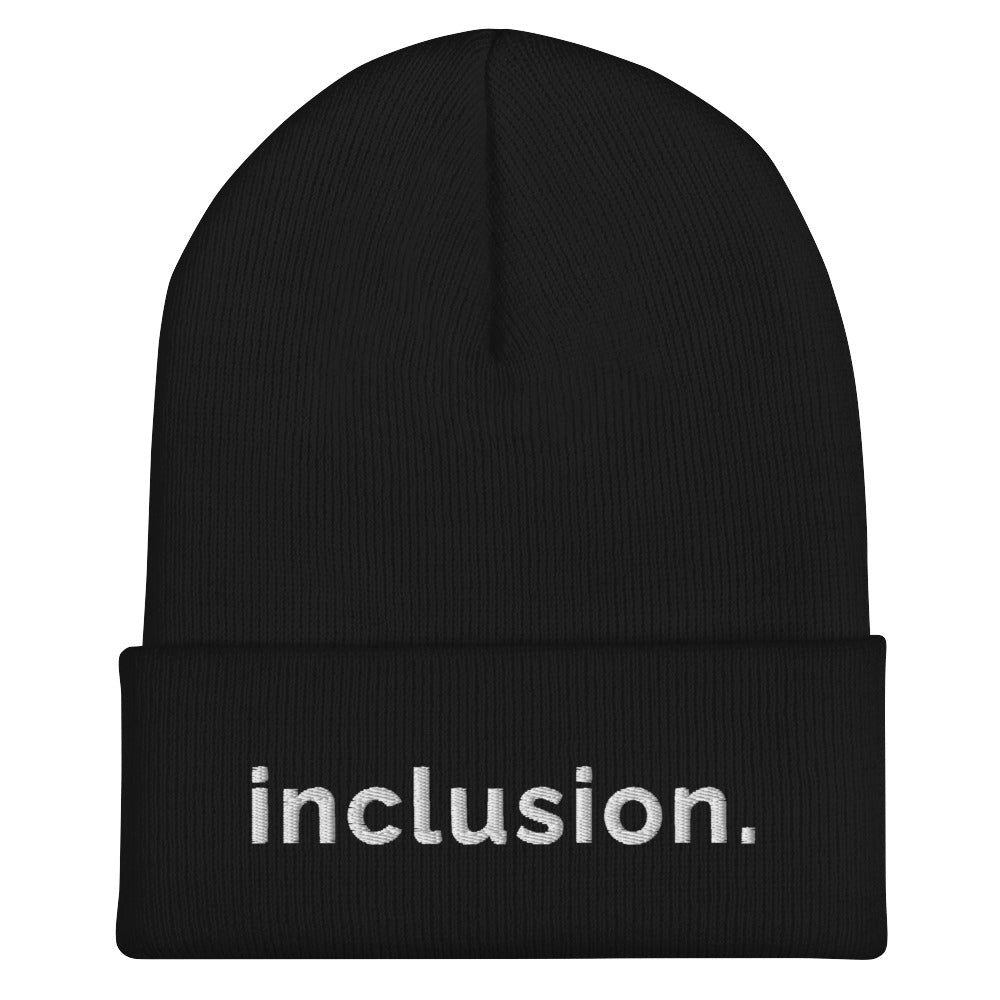 Black Inclusion beanie against a plain white background. On the front of the beanie, the word 'inclusion' is embroidered on the front middle of the cuff in white sentence case letters.